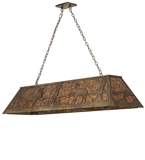 Meyda Lighting Moose at Lake 60" 9-Light Antique Copper Island Pendant Light With Amber Mica Shade Glass