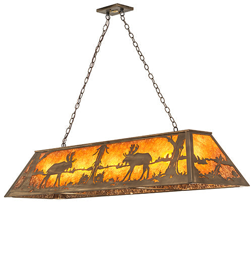 Meyda Lighting Moose at Lake 60" 9-Light Antique Copper Island Pendant Light With Amber Mica Shade Glass