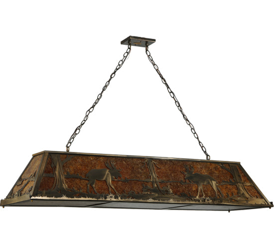 Meyda Lighting Moose at Lake 61" 9-Light Antique Copper Island Pendant Light With Amber Mica Shade Glass