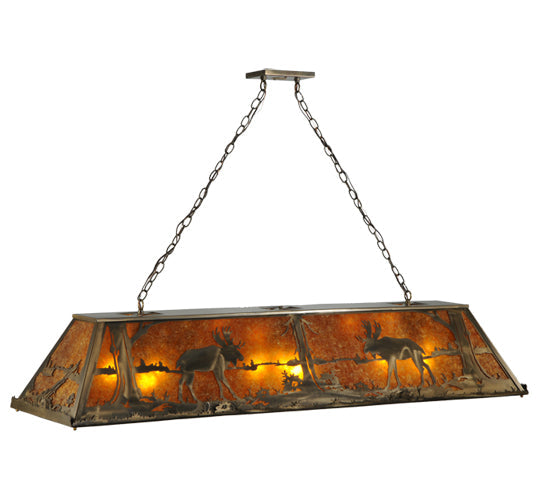 Meyda Lighting Moose at Lake 61" 9-Light Antique Copper Island Pendant Light With Amber Mica Shade Glass