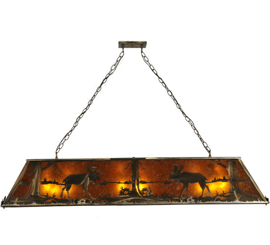 Meyda Lighting Moose at Lake 61" 9-Light Antique Copper Island Pendant Light With Amber Mica Shade Glass