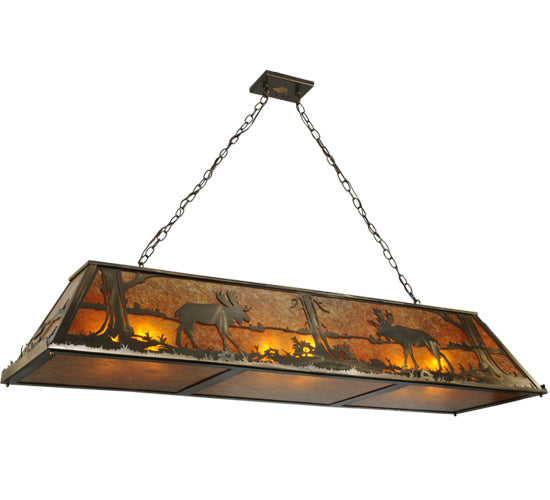 Meyda Lighting Moose at Lake 61" 9-Light Antique Copper Island Pendant Light With Amber Mica Shade Glass
