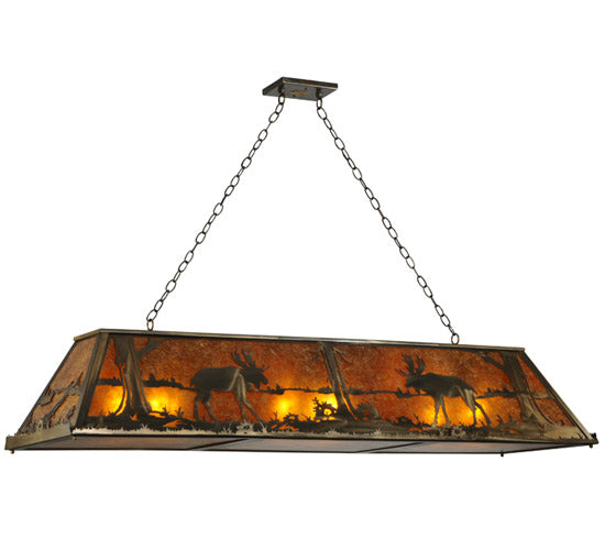 Meyda Lighting Moose at Lake 61" 9-Light Antique Copper Island Pendant Light With Amber Mica Shade Glass