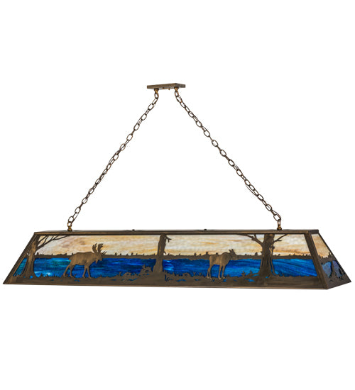 Meyda Lighting Moose at Lake 72" 8-Light Antique Copper Island Pendant Light With Blue & Beige Shade Glass