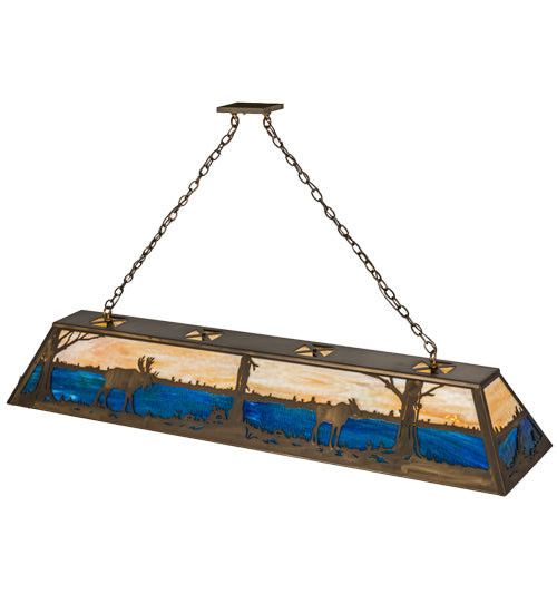 Meyda Lighting Moose at Lake 72" 8-Light Antique Copper Island Pendant Light With Blue & Beige Shade Glass