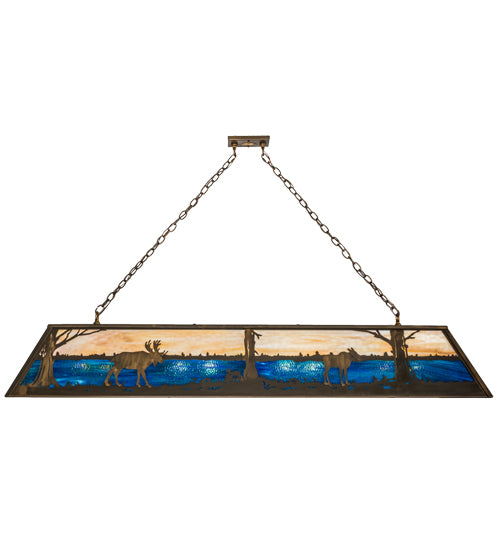 Meyda Lighting Moose at Lake 72" 8-Light Antique Copper Island Pendant Light With Blue & Beige Shade Glass