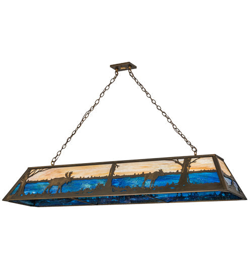 Meyda Lighting Moose at Lake 72" 8-Light Antique Copper Island Pendant Light With Blue & Beige Shade Glass