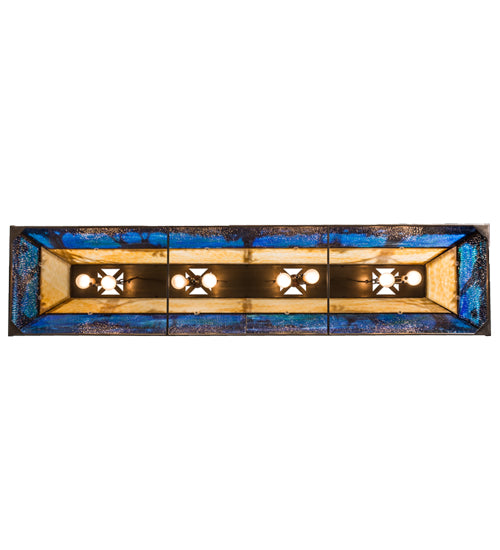 Meyda Lighting Moose at Lake 72" 8-Light Antique Copper Island Pendant Light With Blue & Beige Shade Glass
