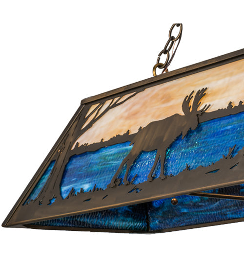 Meyda Lighting Moose at Lake 72" 8-Light Antique Copper Island Pendant Light With Blue & Beige Shade Glass