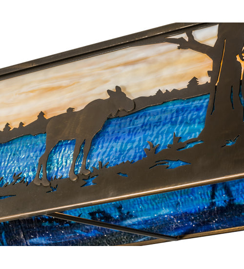 Meyda Lighting Moose at Lake 72" 8-Light Antique Copper Island Pendant Light With Blue & Beige Shade Glass