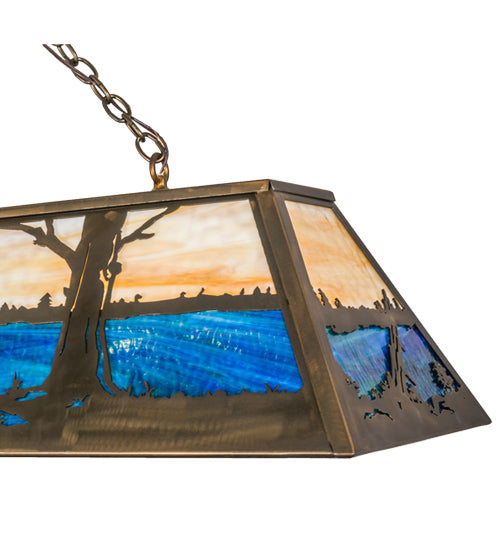Meyda Lighting Moose at Lake 72" 8-Light Antique Copper Island Pendant Light With Blue & Beige Shade Glass