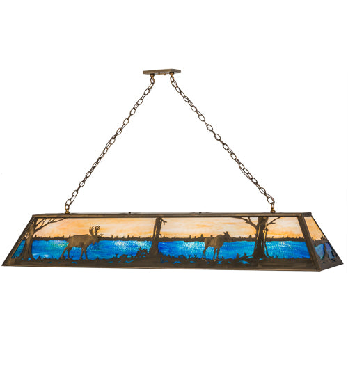 Meyda Lighting Moose at Lake 72" 8-Light Antique Copper Island Pendant Light With Blue & Beige Shade Glass