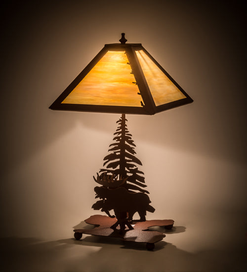 Meyda Lighting Moose on the Loose 21" 2-Light Rust Table Lamp With Beige Iridescent Shade Glass