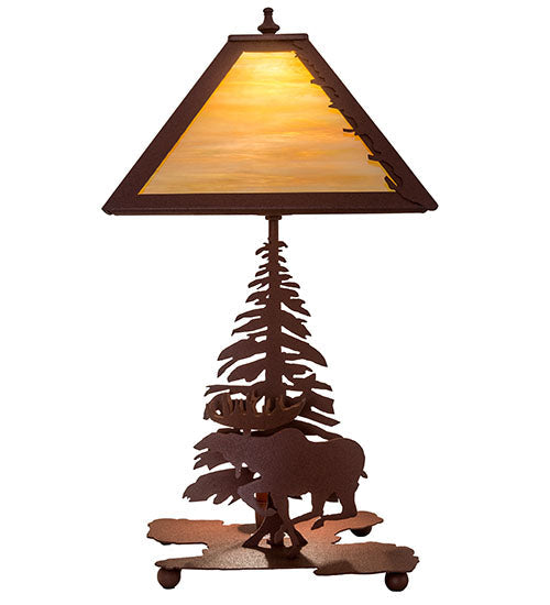 Meyda Lighting Moose on the Loose 21" 2-Light Rust Table Lamp With Beige Iridescent Shade Glass