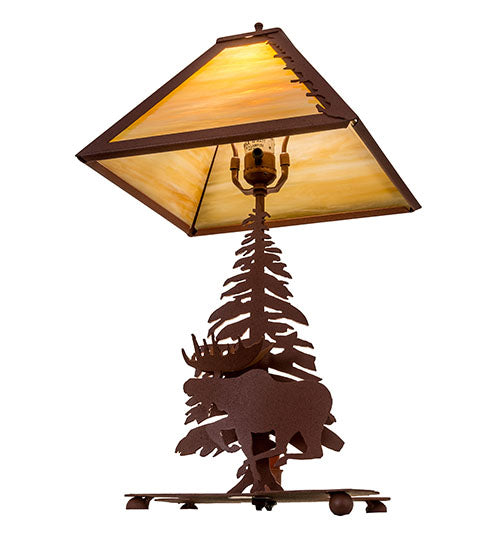 Meyda Lighting Moose on the Loose 21" 2-Light Rust Table Lamp With Beige Iridescent Shade Glass