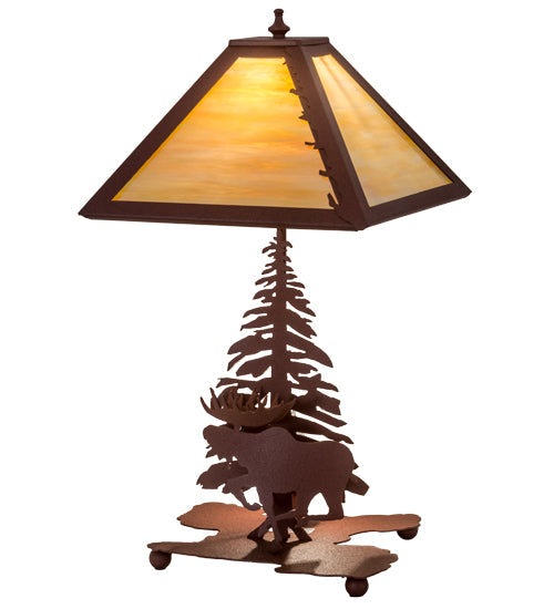 Meyda Lighting Moose on the Loose 21" 2-Light Rust Table Lamp With Beige Iridescent Shade Glass