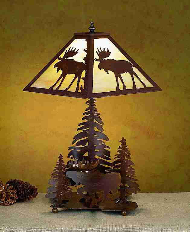 Meyda Lighting Moose on the Loose 21" 2-Light Rust Table Lamp With Beige Iridescent Shade Glass