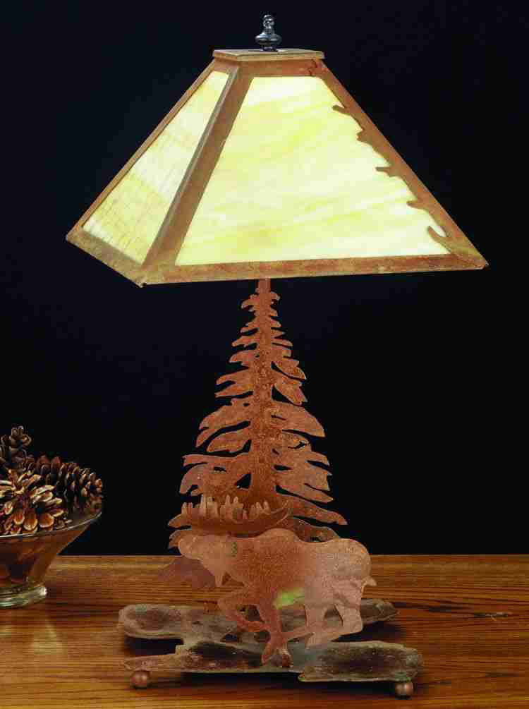 Meyda Lighting Moose on the Loose 21" 2-Light Rust Table Lamp With Silver Mica Shade Glass