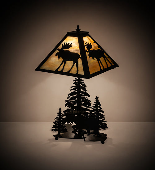 Meyda Lighting Moose on the Loose 21" 2-Light Textured Black Table Lamp With Beige Iridescent Shade Glass