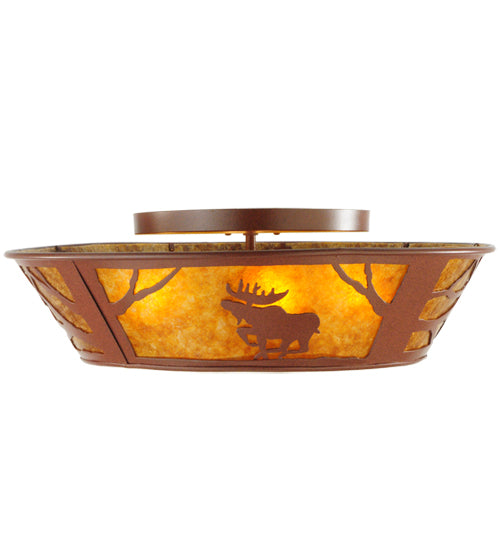 Meyda Lighting Moose on the Loose 22" 4-Light Rust Flush Mount Light With Amber Mica Shade Glass