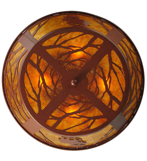 Meyda Lighting Moose on the Loose 22" 4-Light Rust Flush Mount Light With Amber Mica Shade Glass