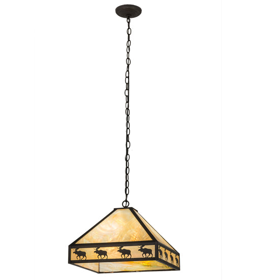 Meyda Lighting Moose on the Loose 23" 3-Light Craftsman Brown Pendant Light With Beige Iridescent Shade Glass