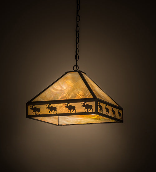 Meyda Lighting Moose on the Loose 23" 3-Light Craftsman Brown Pendant Light With Beige Iridescent Shade Glass