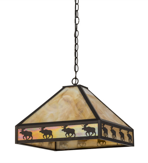 Meyda Lighting Moose on the Loose 23" 3-Light Craftsman Brown Pendant Light With Beige Iridescent Shade Glass