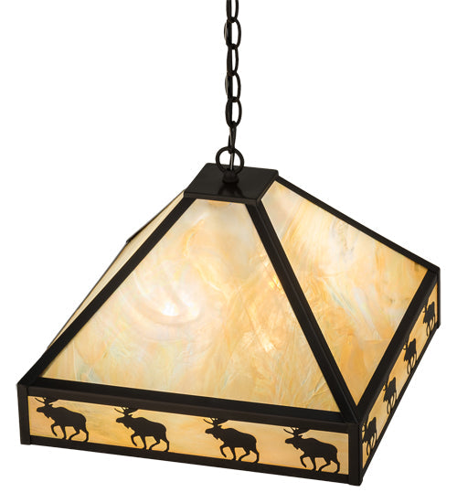 Meyda Lighting Moose on the Loose 23" 3-Light Craftsman Brown Pendant Light With Beige Iridescent Shade Glass