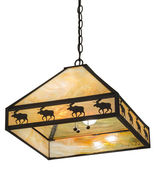 Meyda Lighting Moose on the Loose 23" 3-Light Craftsman Brown Pendant Light With Beige Iridescent Shade Glass