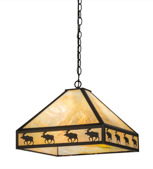 Meyda Lighting Moose on the Loose 23" 3-Light Craftsman Brown Pendant Light With Beige Iridescent Shade Glass