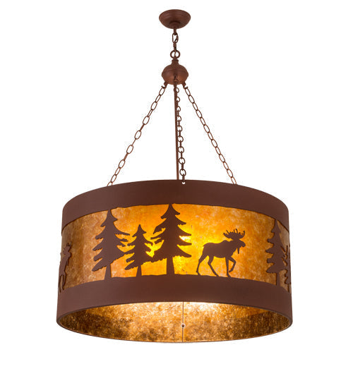 Meyda Lighting Moose on the Loose 32" 4-Light Rust Pendant Light With Amber Mica Shade Glass