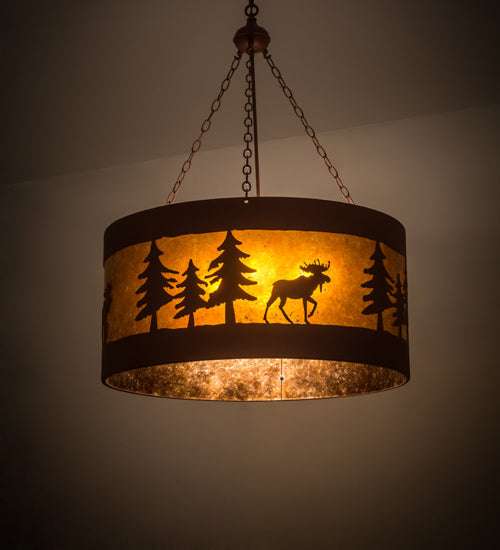 Meyda Lighting Moose on the Loose 32" 4-Light Rust Pendant Light With Amber Mica Shade Glass