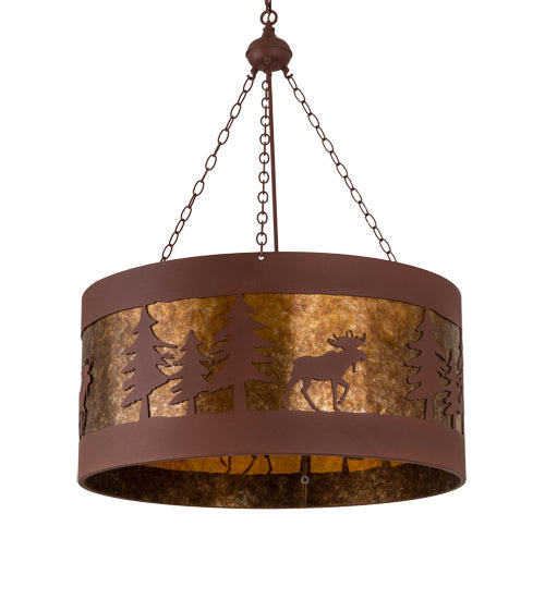 Meyda Lighting Moose on the Loose 32" 4-Light Rust Pendant Light With Amber Mica Shade Glass