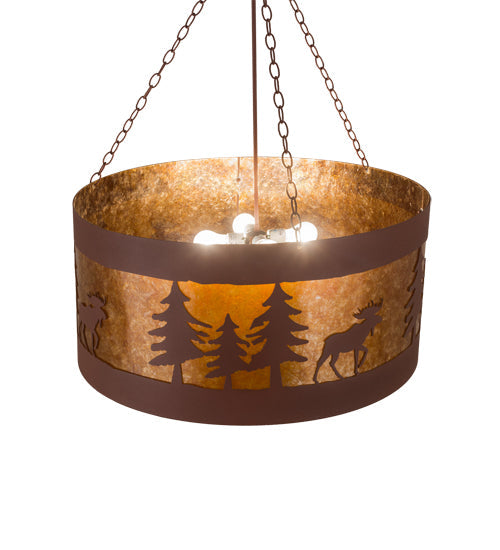 Meyda Lighting Moose on the Loose 32" 4-Light Rust Pendant Light With Amber Mica Shade Glass