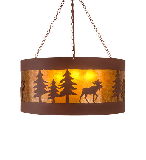 Meyda Lighting Moose on the Loose 32" 4-Light Rust Pendant Light With Amber Mica Shade Glass