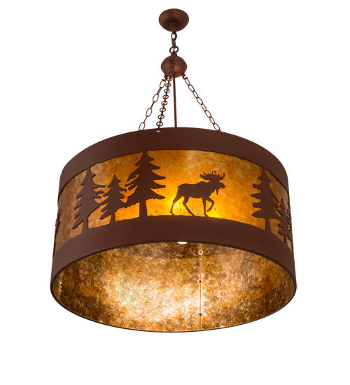 Meyda Lighting Moose on the Loose 32" 4-Light Rust Pendant Light With Amber Mica Shade Glass