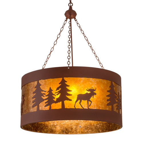 Meyda Lighting Moose on the Loose 32" 4-Light Rust Pendant Light With Amber Mica Shade Glass
