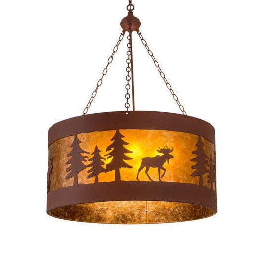 Meyda Lighting Moose on the Loose 32" 4-Light Rust Pendant Light With Amber Mica Shade Glass