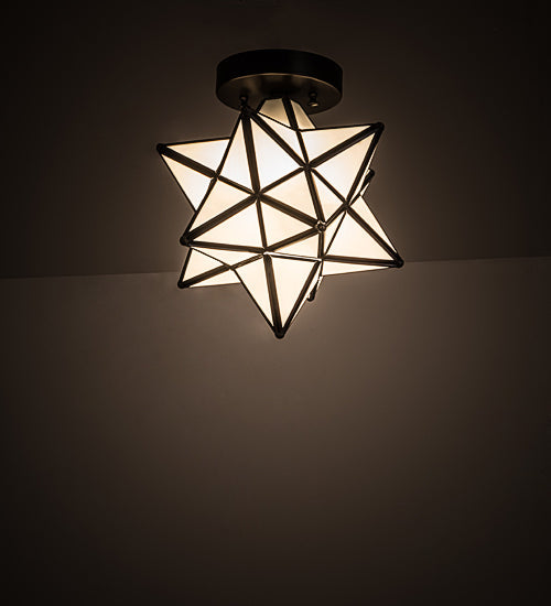 Meyda Lighting Moravian Star 11" Craftsman Brown Flush Mount Light With White Art Shade Glass