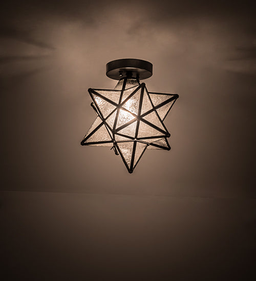 Meyda Lighting Moravian Star 12" Craftsman Brown Clear Seedy Flush Mount Light With Clear Seeded Shade Glass
