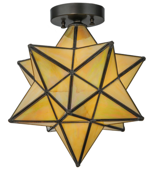 Meyda Lighting Moravian Star 12" Craftsman Brown Flush Mount Light With Beige Iridescent Shade Glass