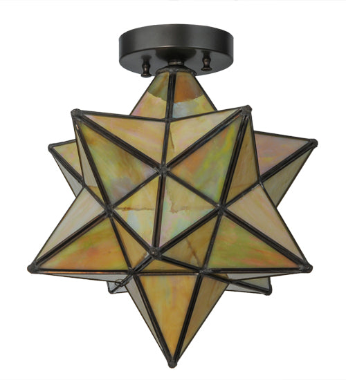 Meyda Lighting Moravian Star 12" Craftsman Brown Flush Mount Light With Beige Iridescent Shade Glass