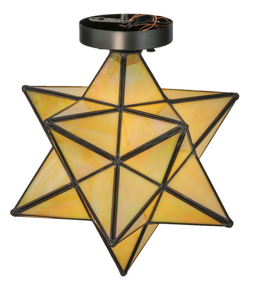 Meyda Lighting Moravian Star 12" Craftsman Brown Flush Mount Light With Beige Iridescent Shade Glass