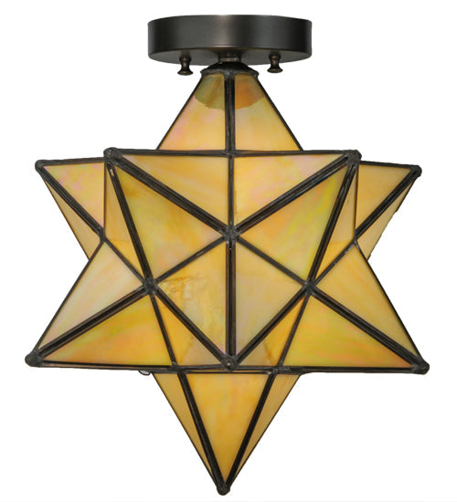 Meyda Lighting Moravian Star 12" Craftsman Brown Flush Mount Light With Beige Iridescent Shade Glass