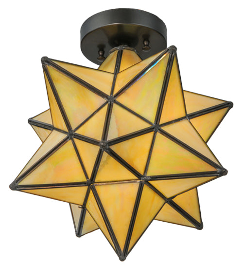 Meyda Lighting Moravian Star 12" Craftsman Brown Flush Mount Light With Beige Iridescent Shade Glass