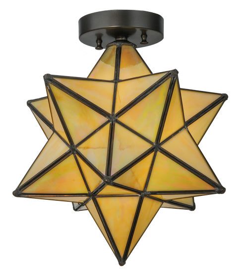 Meyda Lighting Moravian Star 12" Craftsman Brown Flush Mount Light With Beige Iridescent Shade Glass
