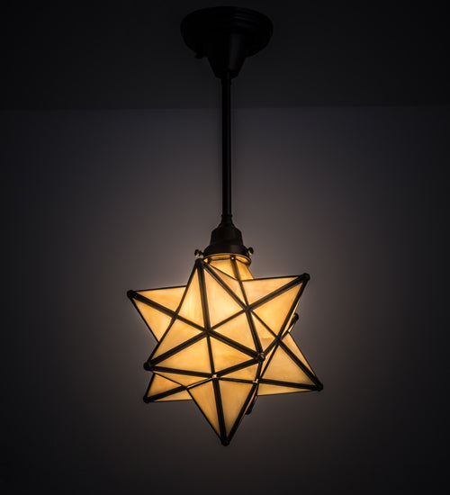Meyda Lighting Moravian Star 12" Craftsman Brown Pendant Light With Beige Iridescent Shade Glass