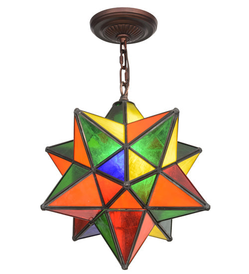 Meyda Lighting Moravian Star 12" Mahogany Bronze Pendant Light With Multi-Colored Shade Glass