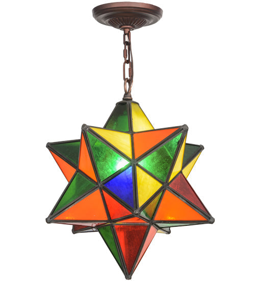 Meyda Lighting Moravian Star 12" Mahogany Bronze Pendant Light With Multi-Colored Shade Glass